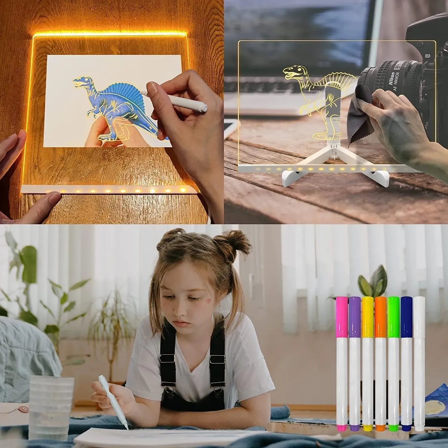 LED Light-Up Writing Board With 7 Marker Acrylic Message Pad with Stand | Colorful DIY Notes & Erasable Neon Pens
