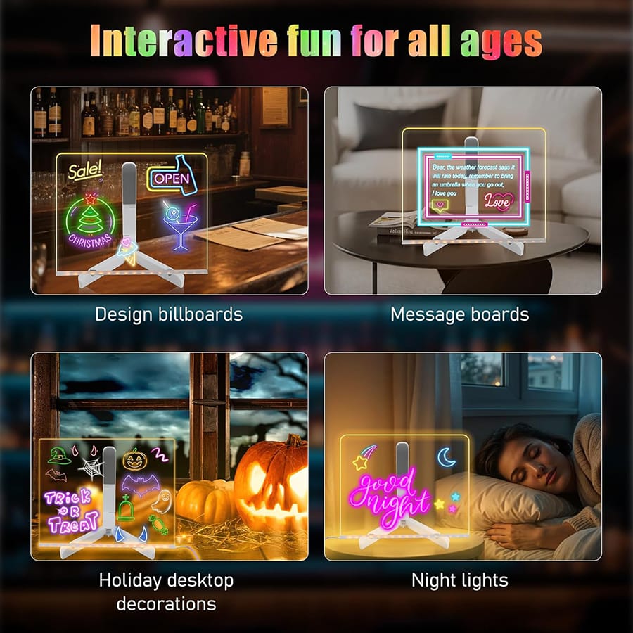 LED Light-Up Writing Board With 7 Marker Acrylic Message Pad with Stand | Colorful DIY Notes & Erasable Neon Pens