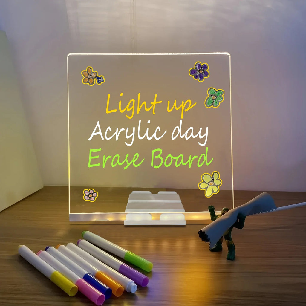LED Light-Up Writing Board With 7 Marker Acrylic Message Pad with Stand | Colorful DIY Notes & Erasable Neon Pens