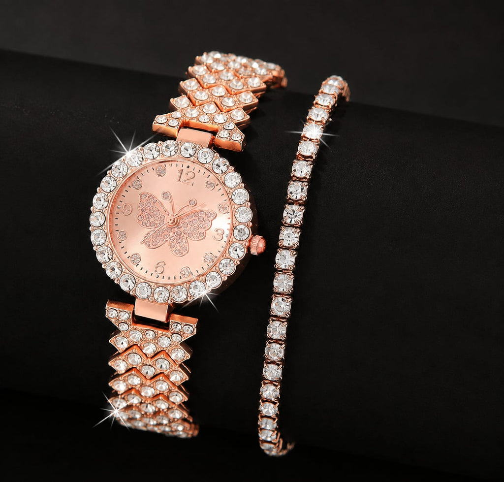 Womens Butterfly Quartz Watch And Bracelet Set Elegant Stylish Durable Practical