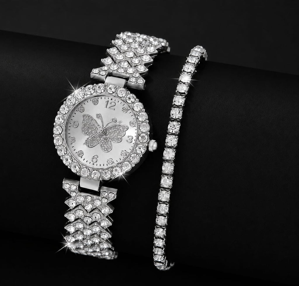 Womens Butterfly Quartz Watch And Bracelet Set Elegant Stylish Durable Practical